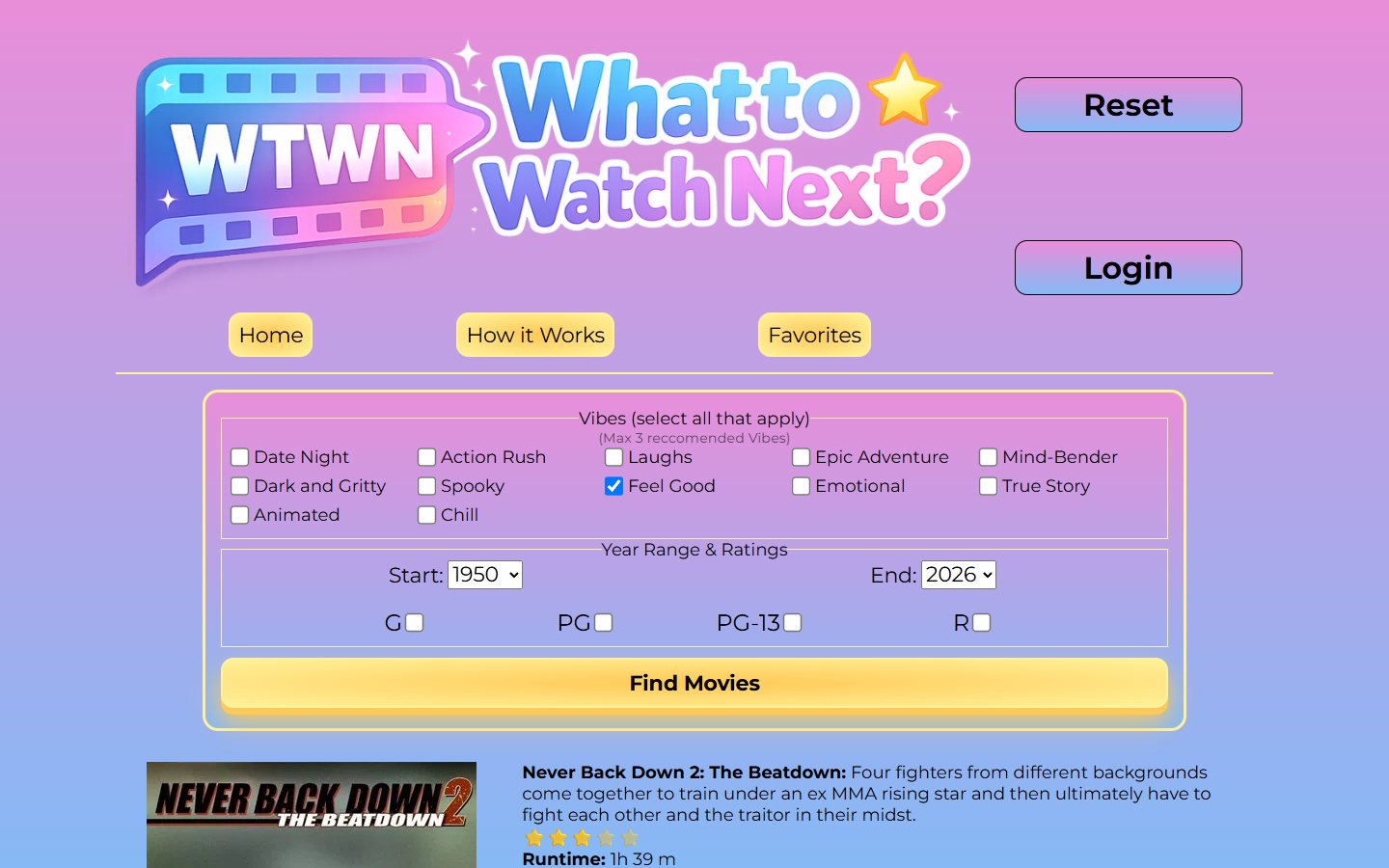 Screenshot of the What to Watch Next movie discovery app with vibe filters and results.